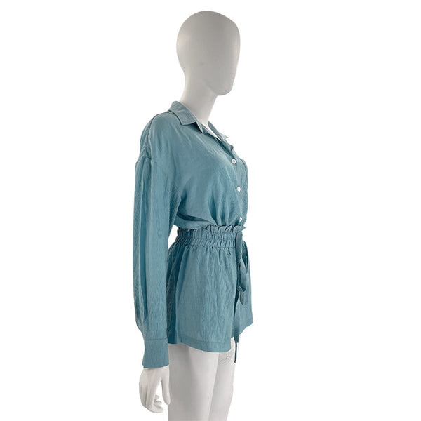 Casual Long-Sleeved Single-breasted Tops & Drawstring Shorts Set