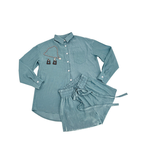 Casual Long-Sleeved Single-breasted Tops & Drawstring Shorts Set