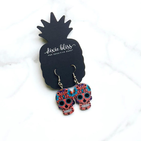SWEET SUGAR SKULL DIXIE BLISS EARRINGS/ IN CORAL