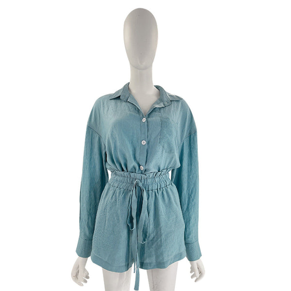 Casual Long-Sleeved Single-breasted Tops & Drawstring Shorts Set