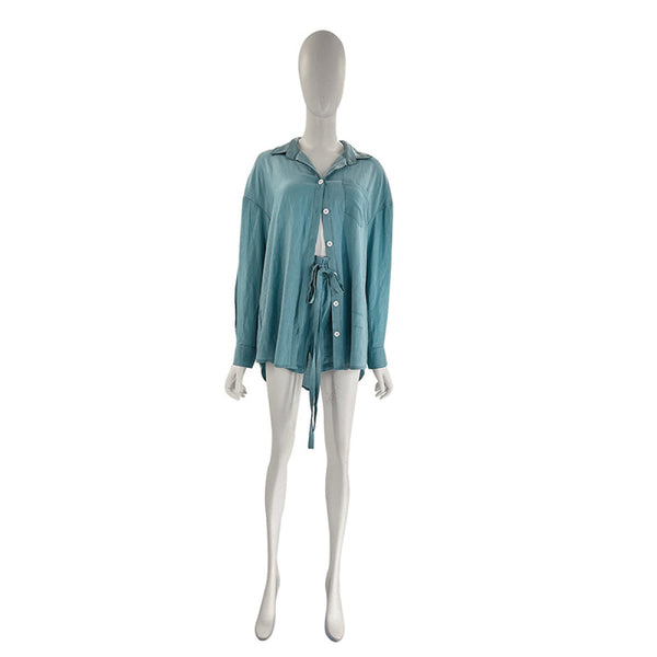 Casual Long-Sleeved Single-breasted Tops & Drawstring Shorts Set