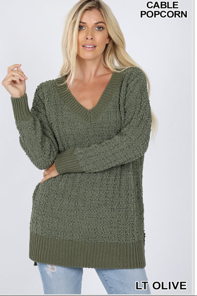 Popcorn VNeck Hi Low Sweaters