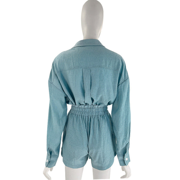 Casual Long-Sleeved Single-breasted Tops & Drawstring Shorts Set