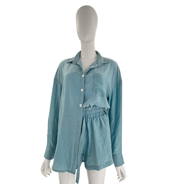 Casual Long-Sleeved Single-breasted Tops & Drawstring Shorts Set