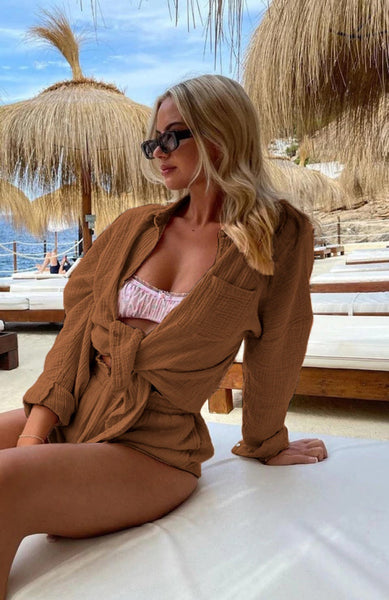 Casual Long-Sleeved Single-breasted Tops & Drawstring Shorts Set